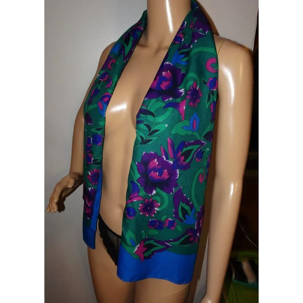 Vintage Purple & Blue Floral Scarf pinup retro rockabilly head wrap bow neck - Picture 3 of 10